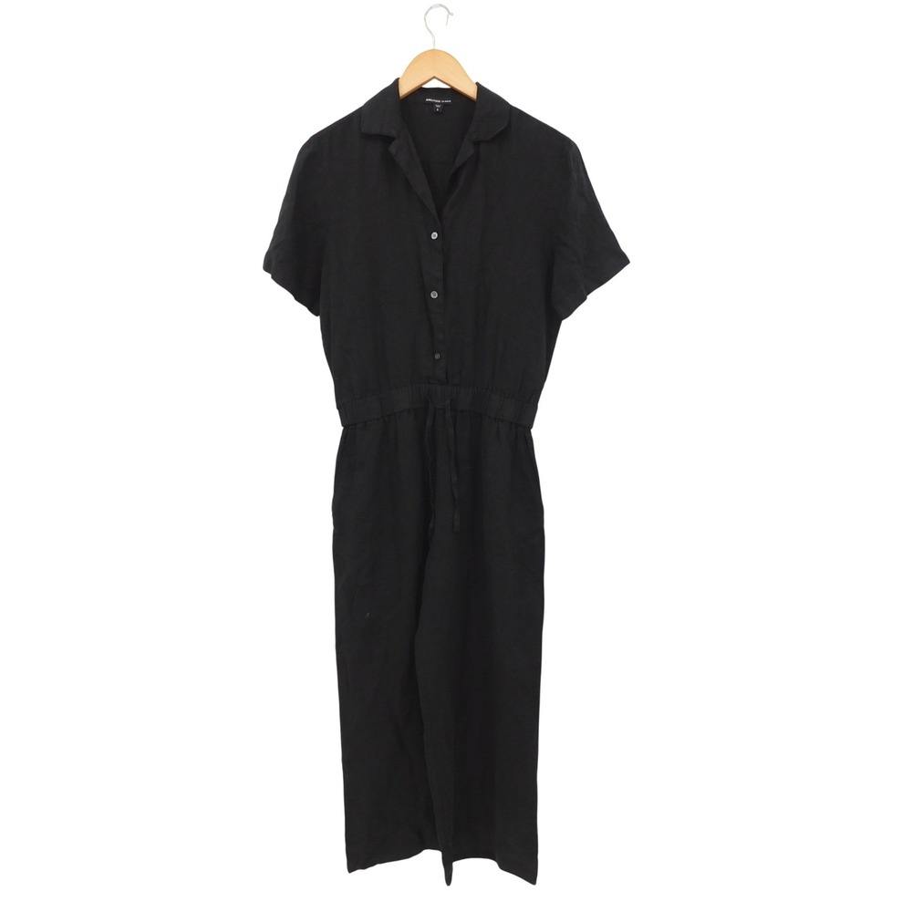 James Perse Black 100% Linen Button Front Short Sleeve Jumpsuit Size 0 WKO6628